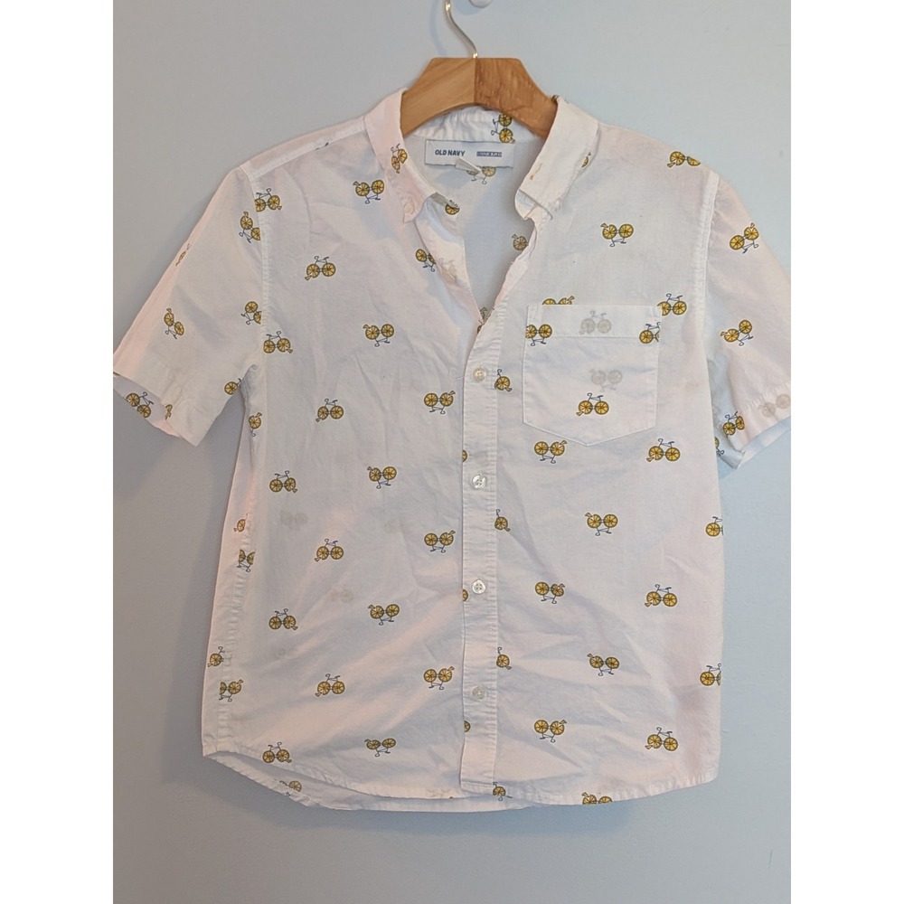 Old Navy Boys White Pizza Bicycle Print Short Sleeve Button Down Shirt L 10-12